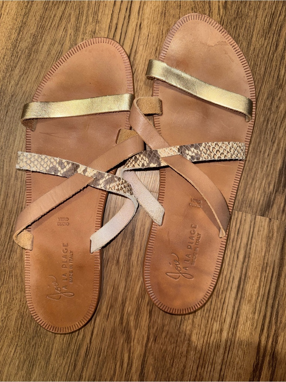Joie Tan Leather Sandals with Gold Strap and Snake-Print Accent